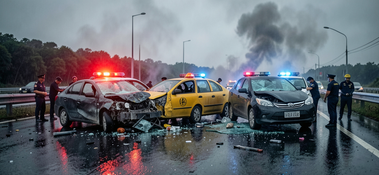 [交通與人性反思] 新田公路的士與兩私家車相撞8人受傷送院 往上水方向一度全封