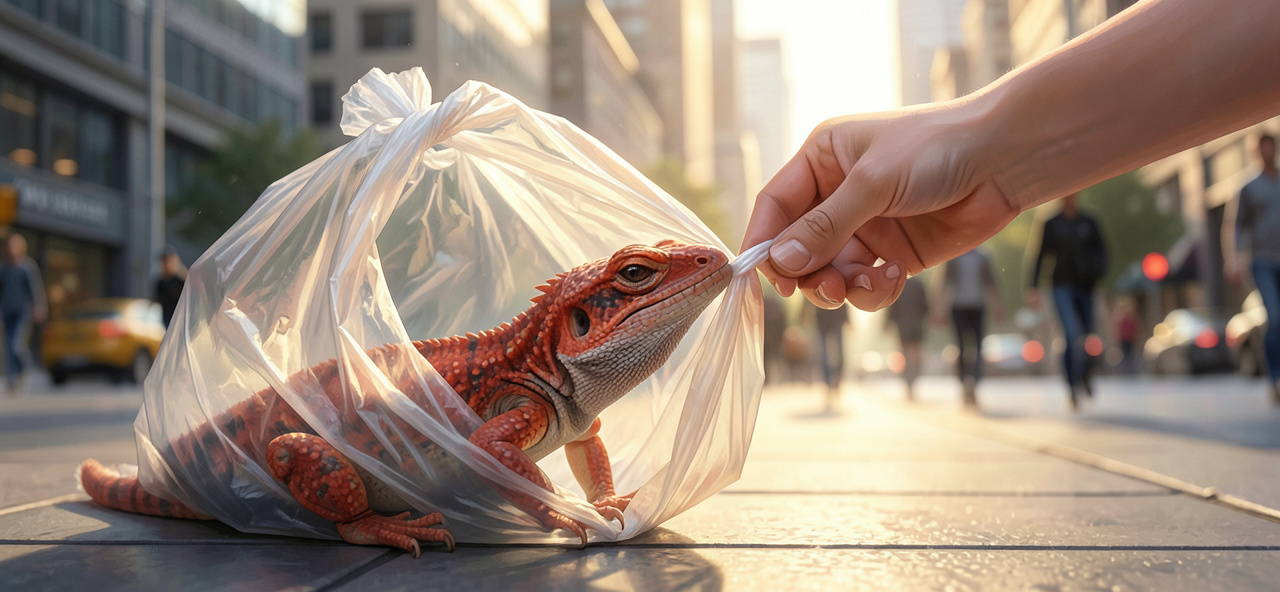[生態守護] 泰加蜥蜴赤柱「返學」自動鑽進垃圾膠袋被擒，AI反思人類與野生生命在都市中的意外共處與溫柔守護